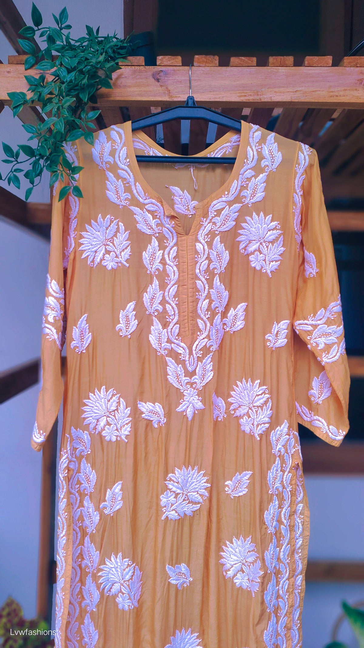 Luxury Feriha Premium Silk Long Chikankari Kurti by LVW Fashions, handcrafted pure silk with intricate Lucknow Chikankari embroidery.