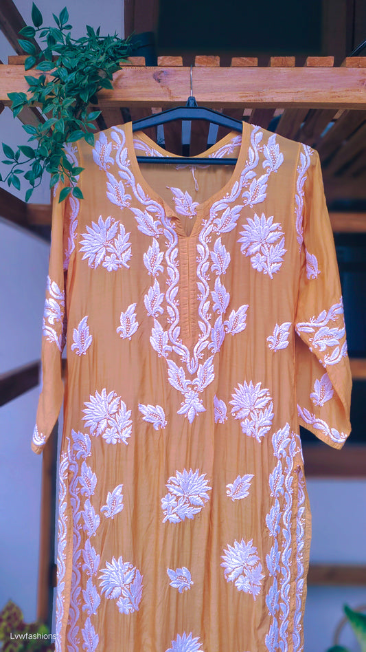 Luxury Feriha Premium Silk Long Chikankari Kurti by LVW Fashions, handcrafted pure silk with intricate Lucknow Chikankari embroidery.