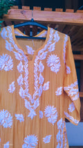 Luxurious Feriha Premium silk long Chikankari Kurti by LVW Fashions, handcrafted in Lucknow with intricate embroidery.