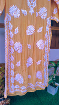 Luxury Feriha premium silk long Chikankari Kurti by LVW Fashions, handcrafted traditional Lucknow silk embroidered Kurta.