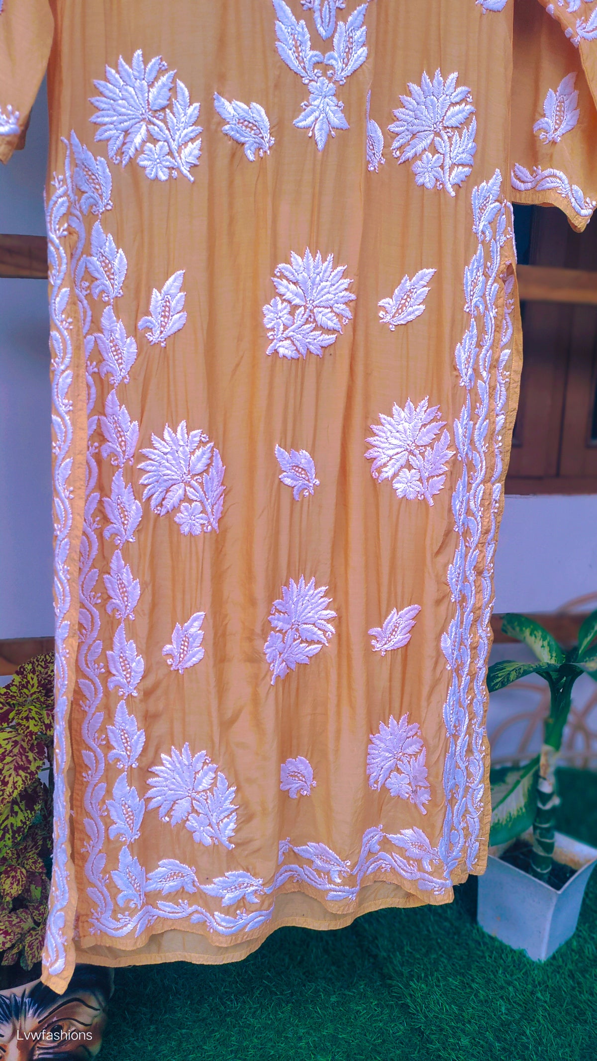 Luxury Feriha premium silk long Chikankari Kurti by LVW Fashions, handcrafted traditional Lucknow silk embroidered Kurta.