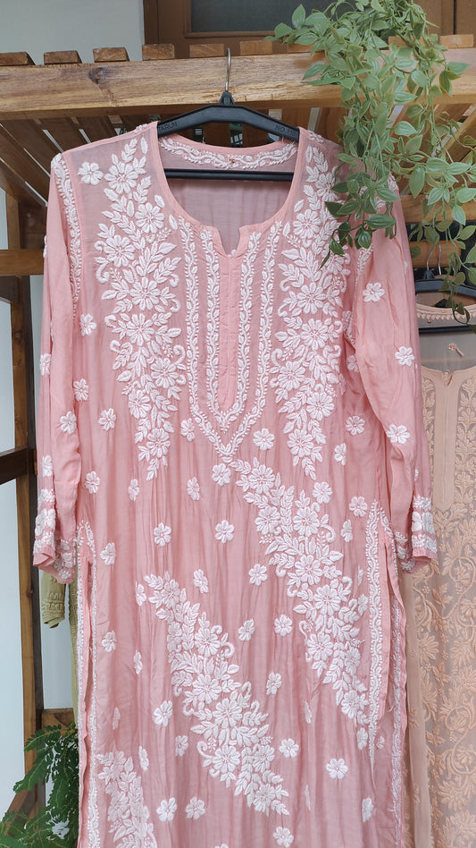 Feriha premium silk long kurti with intricate handmade Lucknow chikankari embroidery, luxurious look, and elegant design.