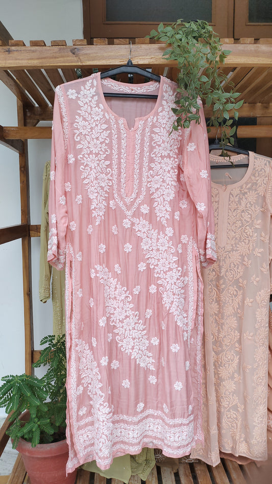LVW Fashions Feriha premium silk long kurti with intricate Lucknow chikankari embroidery, luxurious and handmade for elegant style.