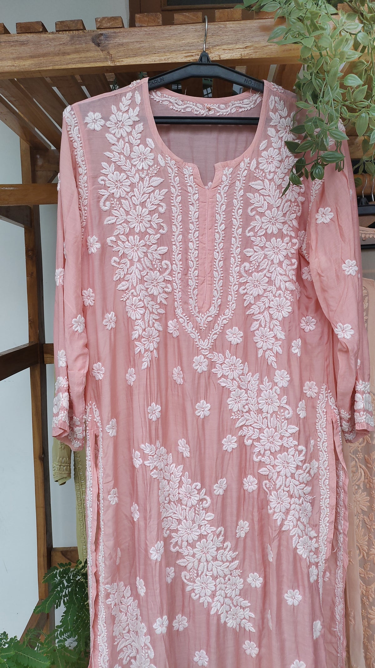 Feriha Premium Silk Chikankari Kurti by LVW Fashions, luxurious long Lucknow-style handcrafted silk kurta with intricate embroidery.