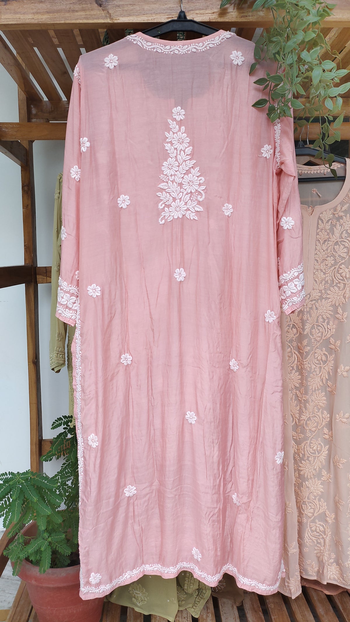 Feriha premium silk long kurti with luxurious look and intricate Lucknow chikankari embroidery, handmade by LVW Fashions.