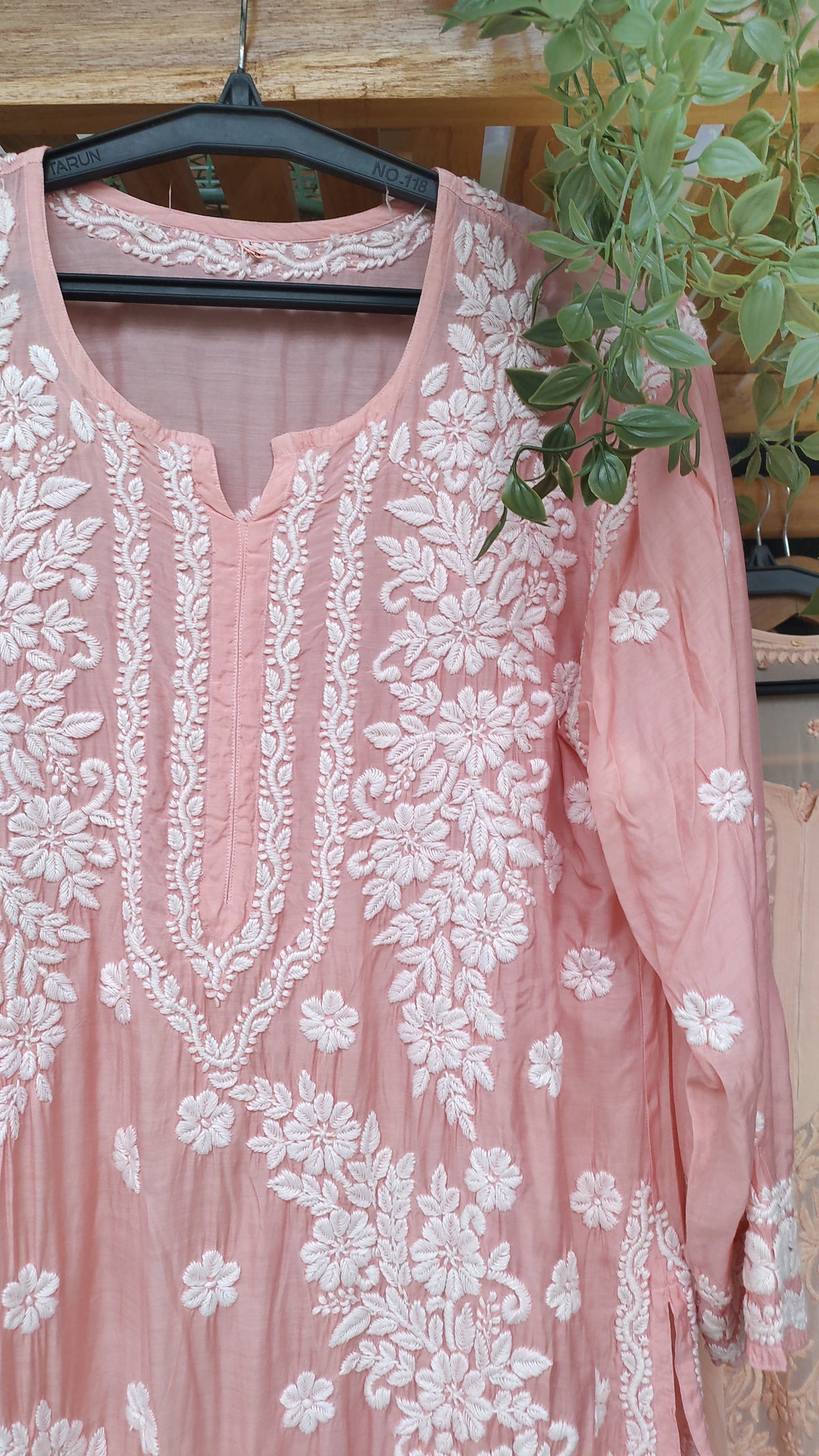 Feriha premium silk long kurti with luxurious look and intricate Lucknow chikankari embroidery, handmade by LVW Fashions.