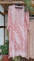 Feriha premium silk long kurti with luxurious look and intricate Lucknow chikankari embroidery by LVW Fashions.
