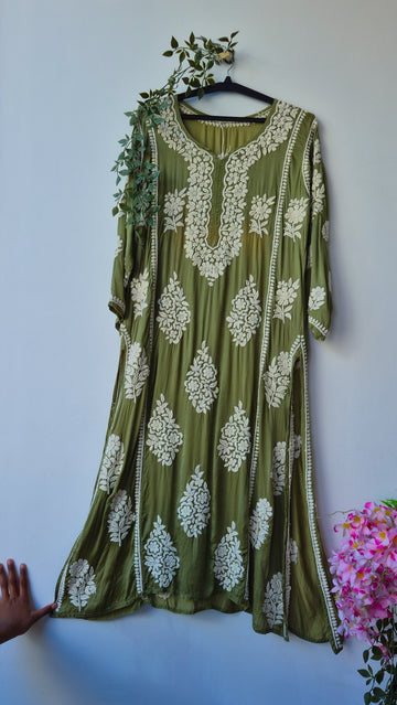 Fida Premium Silk Chikankari Straight Kurta Dress by LVW Fashions, handcrafted Lucknow Chikankari in elegant silk fabric.