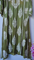 Fida Premium Silk Chikankari Straight Kurta Dress by LVW Fashions featuring intricate Lucknow Chikankari embroidery on silk fabric.