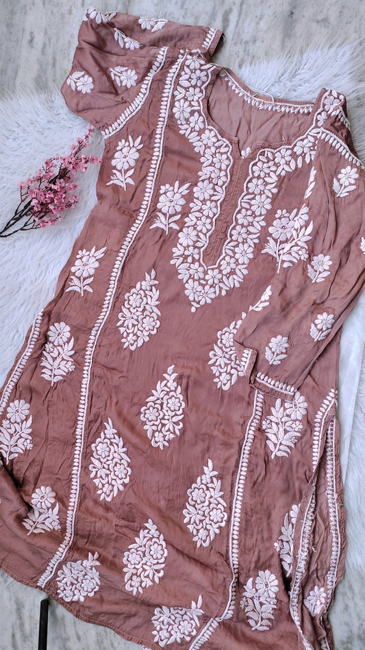 Fida Tyrian Premium Silk Luxurious Chikankari Aline Dress Pure Handcrafted