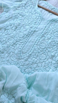 Firozi premium silk long kurti by LVW Fashions featuring handmade Lucknow chikankari embroidery and luxurious look.