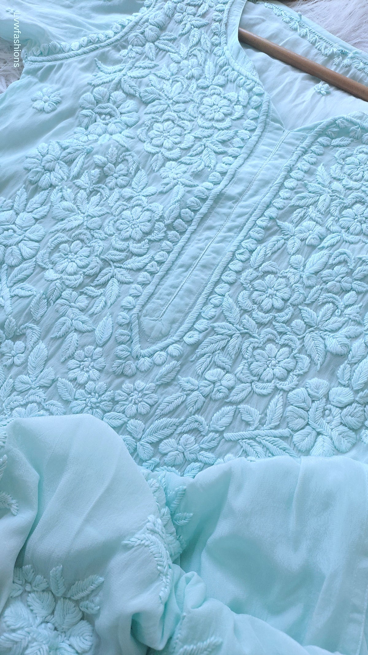 Firozi premium silk long kurti by LVW Fashions featuring handmade Lucknow chikankari embroidery and luxurious look.