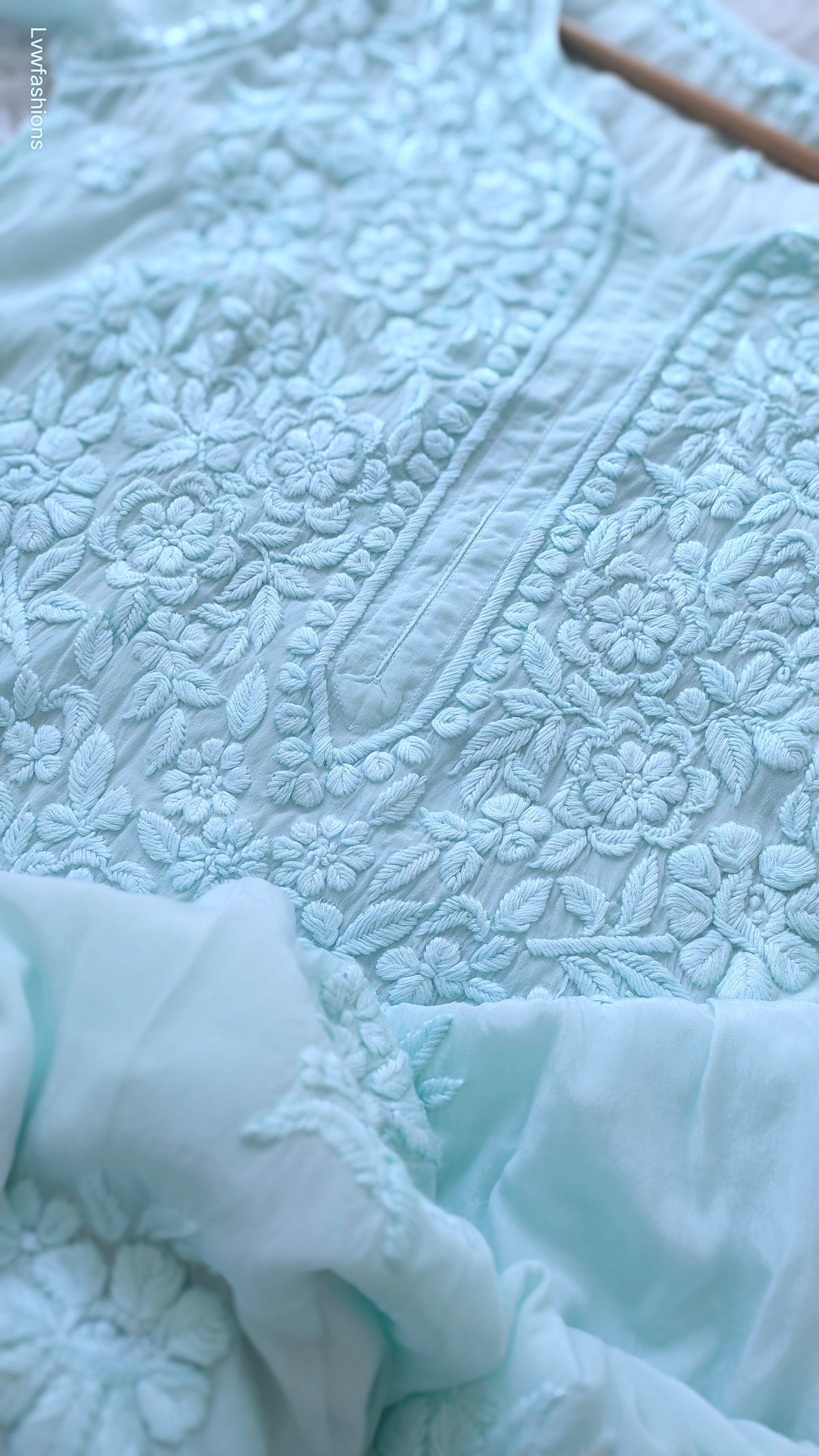 Firozi premium silk long kurti with intricate handmade Lucknow Chikankari by LVW Fashions, luxurious look, traditional craftsmanship.