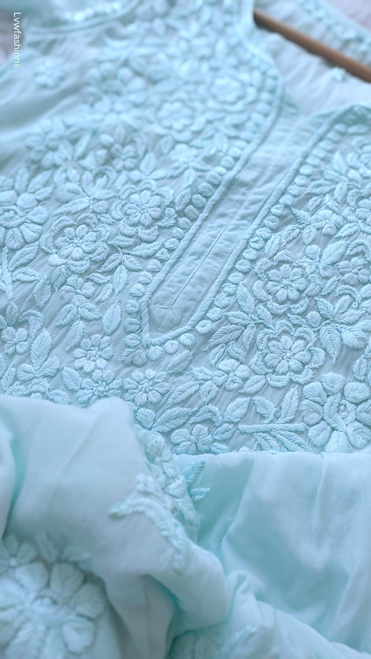 Firozi premium silk long kurti with intricate handmade Lucknow Chikankari by LVW Fashions, luxurious look, traditional craftsmanship.