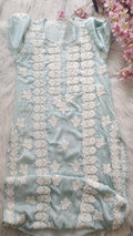 Firozi premium silk long kurta with intricate handmade Lucknow chikankari embroidery by LVW Fashions