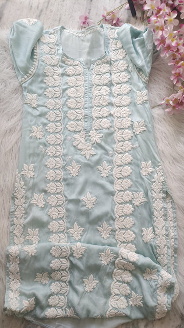 Firozi premium silk long kurta with intricate handmade Lucknow chikankari embroidery by LVW Fashions