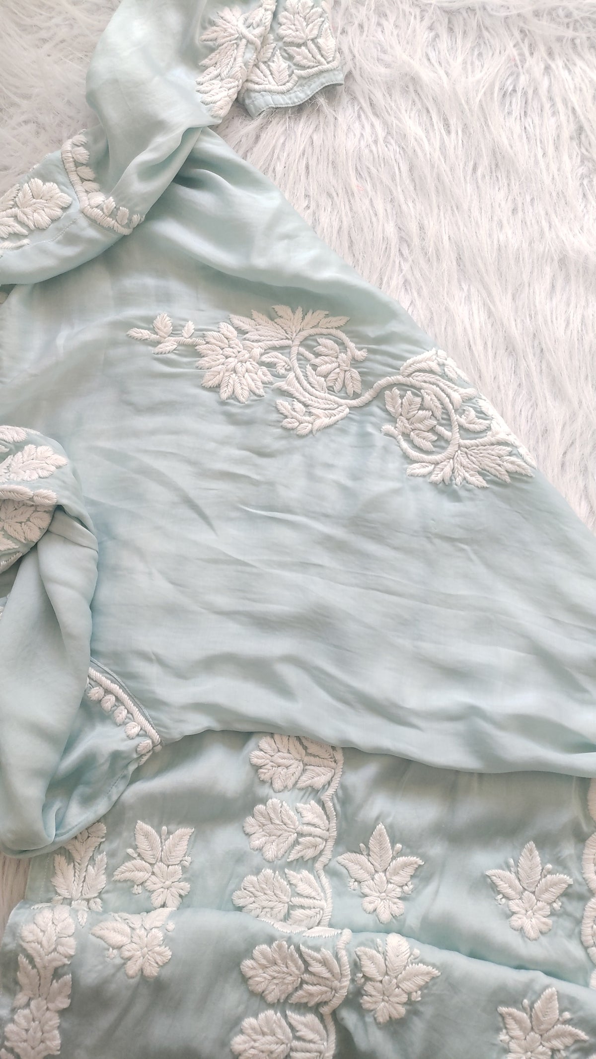 Firozi premium silk long kurta with intricate handmade Lucknow chikankari embroidery by LVW Fashions