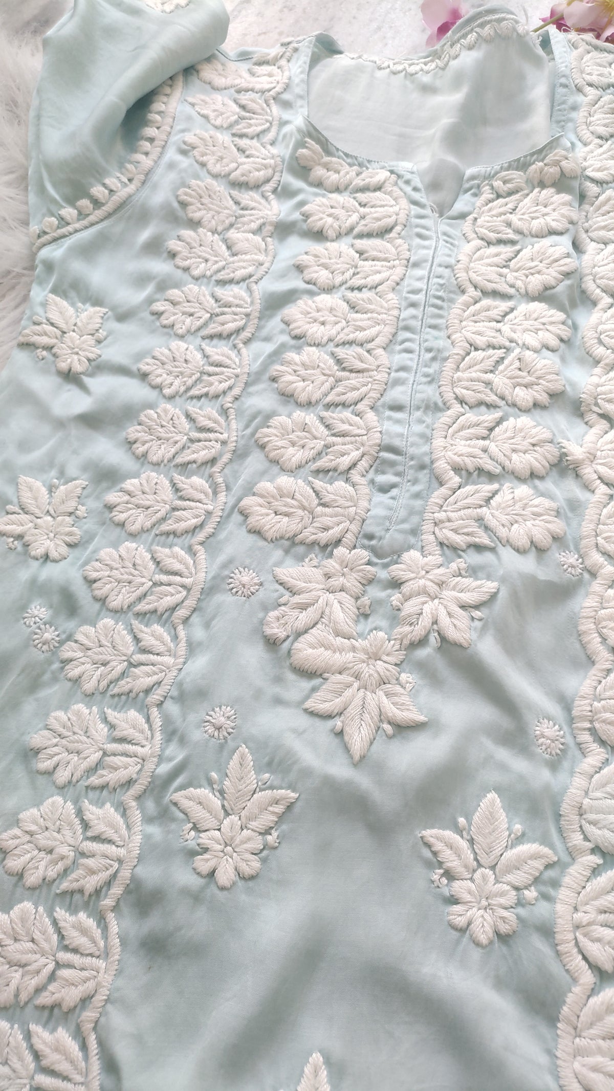 Firozi premium silk long kurta with intricate handmade Lucknow chikankari embroidery by LVW Fashions