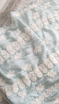 Firozi premium silk long kurta with intricate handmade Lucknow chikankari embroidery by LVW Fashions.