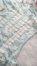 Firozi premium silk long kurta with intricate handmade Lucknow Chikankari embroidery by LVW Fashions, luxurious and elegant.