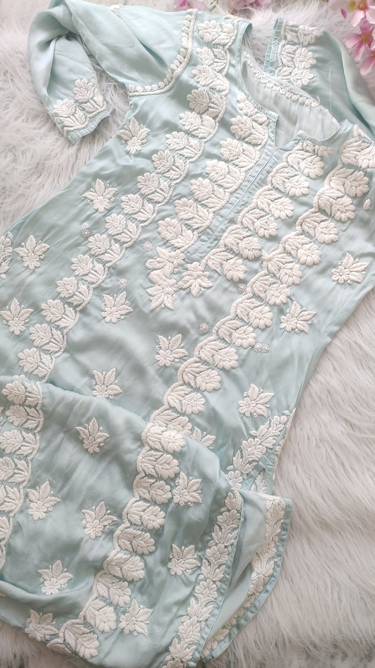 Firozi premium silk long kurta with intricate handmade Lucknow chikankari embroidery by LVW Fashions, luxurious and elegant.