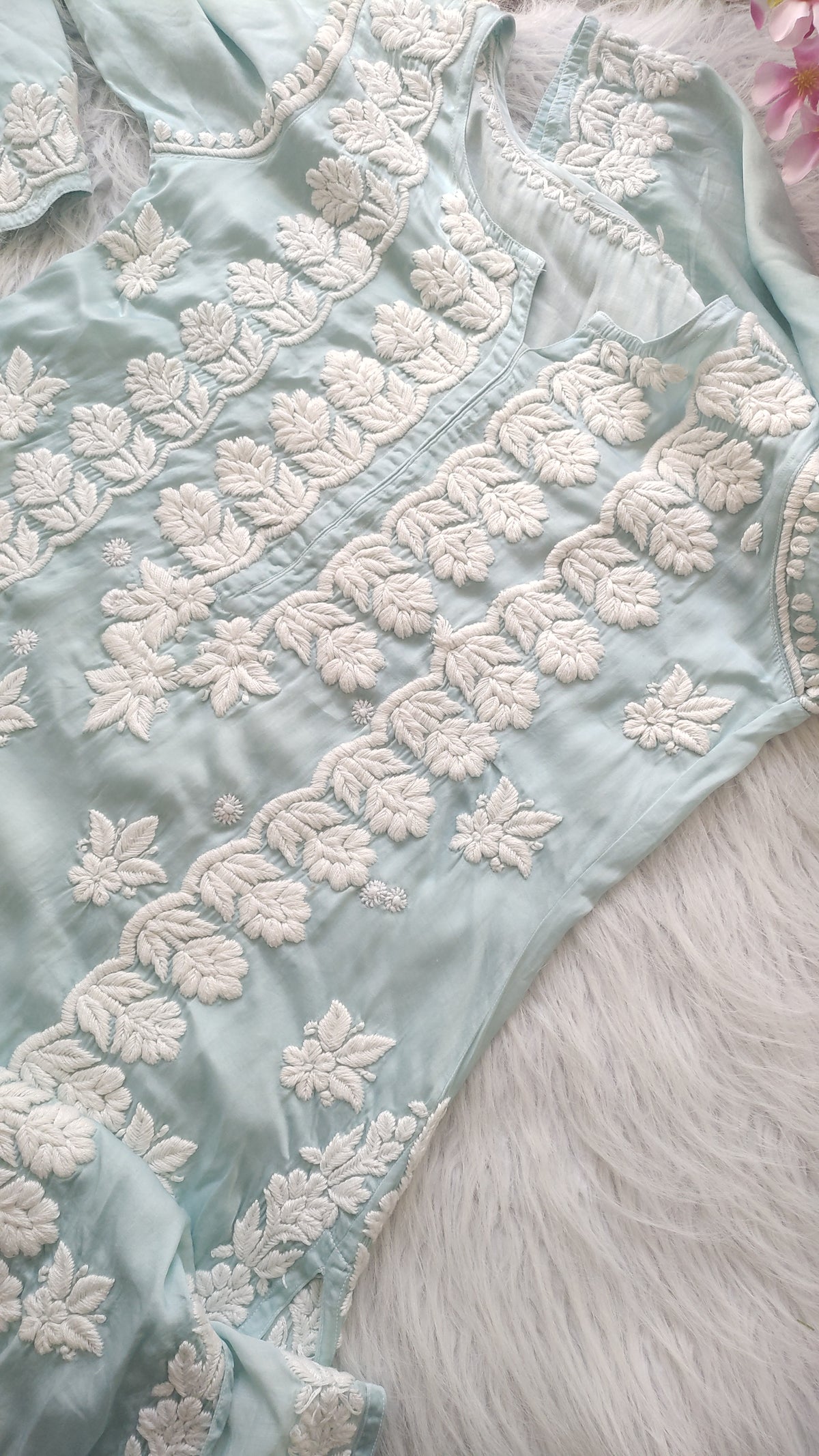 Firozi premium silk long kurta with intricate handmade Lucknow chikankari embroidery by LVW Fashions