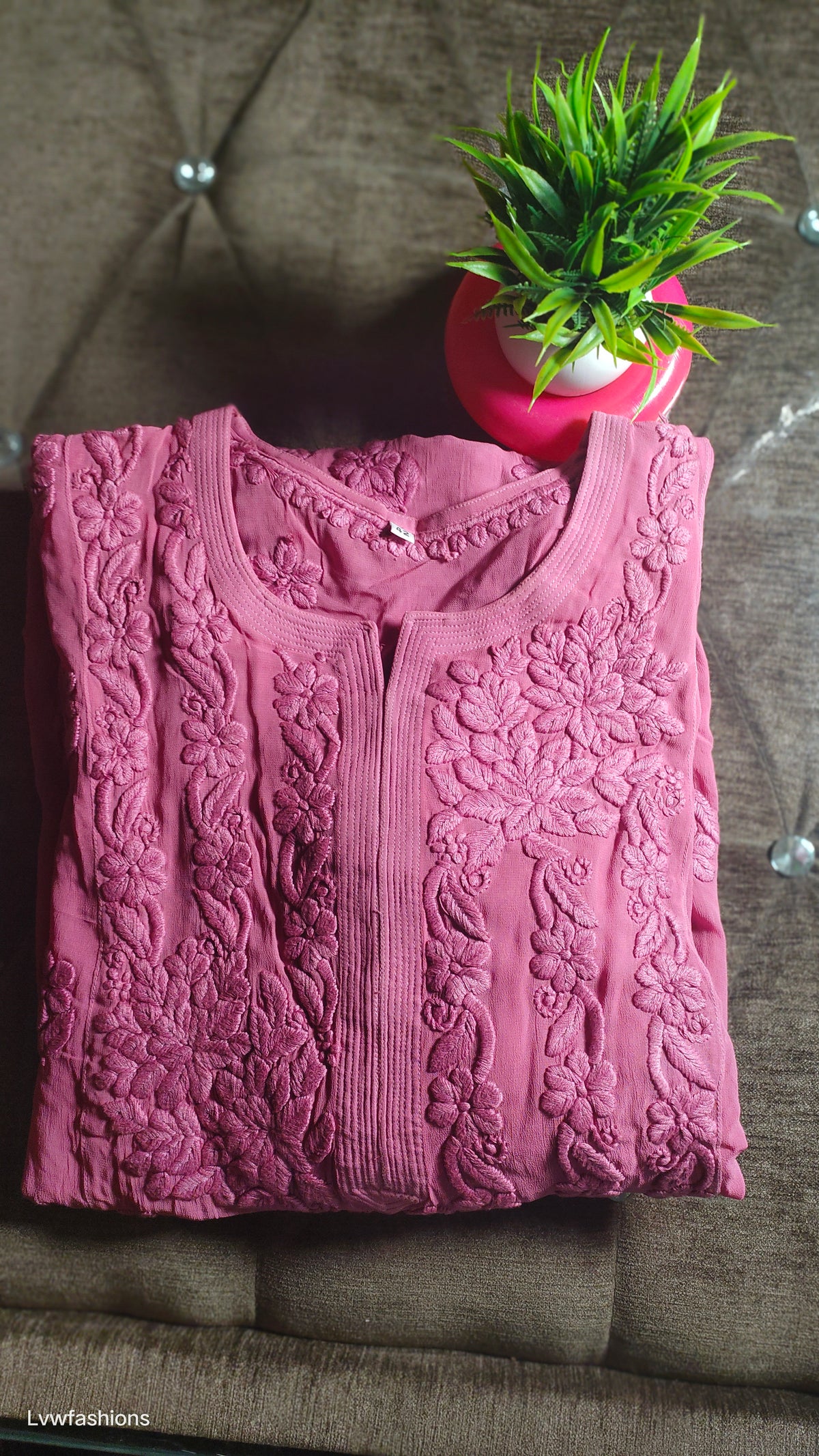 Five Roses premium georgette luxurious Chikankari kurta by LVW Fashions, handmade Lucknow Chikankari with intricate embroidery.