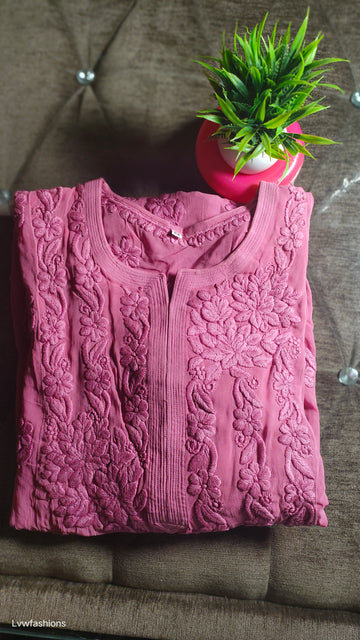 Five Roses premium georgette luxurious Chikankari kurta by LVW Fashions, handmade Lucknow Chikankari with intricate embroidery.