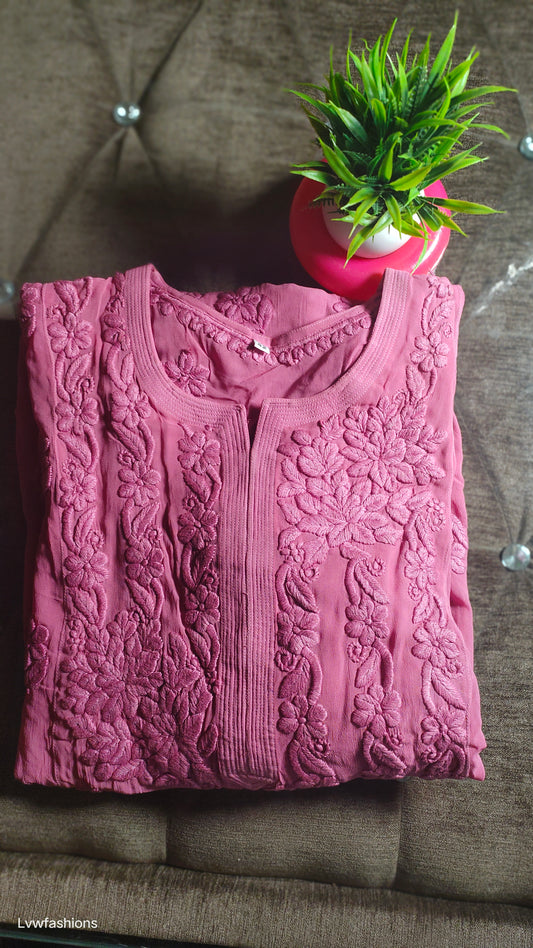 Five Roses premium georgette luxurious Chikankari kurta by LVW Fashions, handmade Lucknow Chikankari with intricate embroidery.
