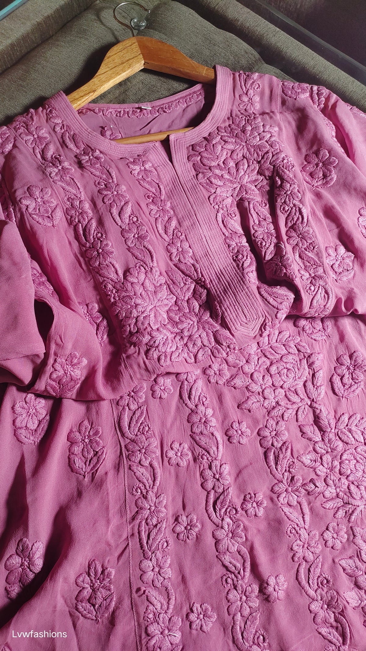 Luxurious Five Roses Premium Georgette Chikankari Kurta by LVW Fashions, handmade Lucknow embroidery in a regal design.