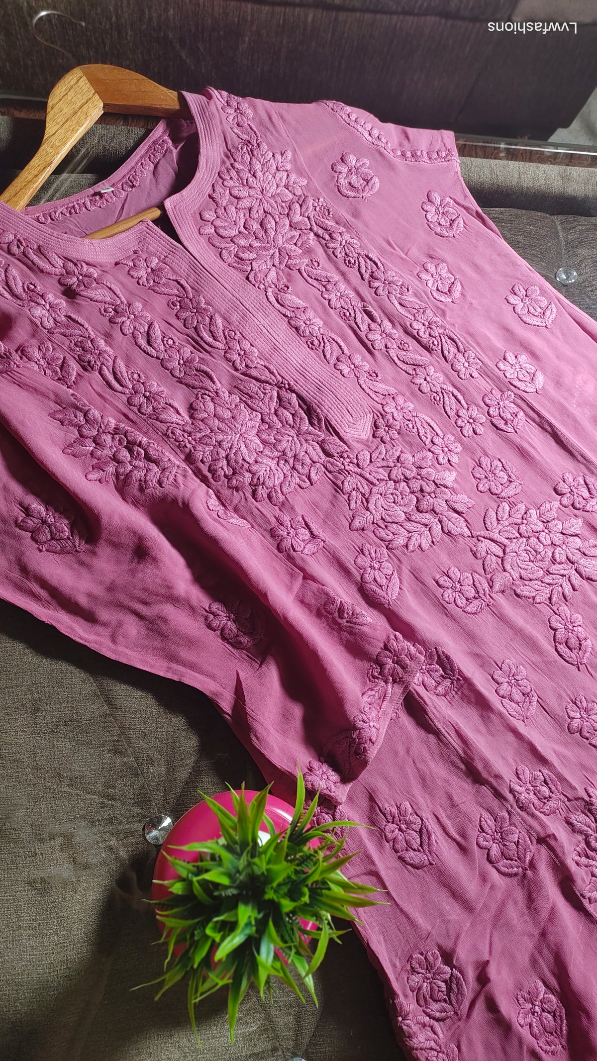 Luxury Five Roses premium georgette chikankari kurta by LVW Fashions, featuring intricate handmade Lucknow embroidery.