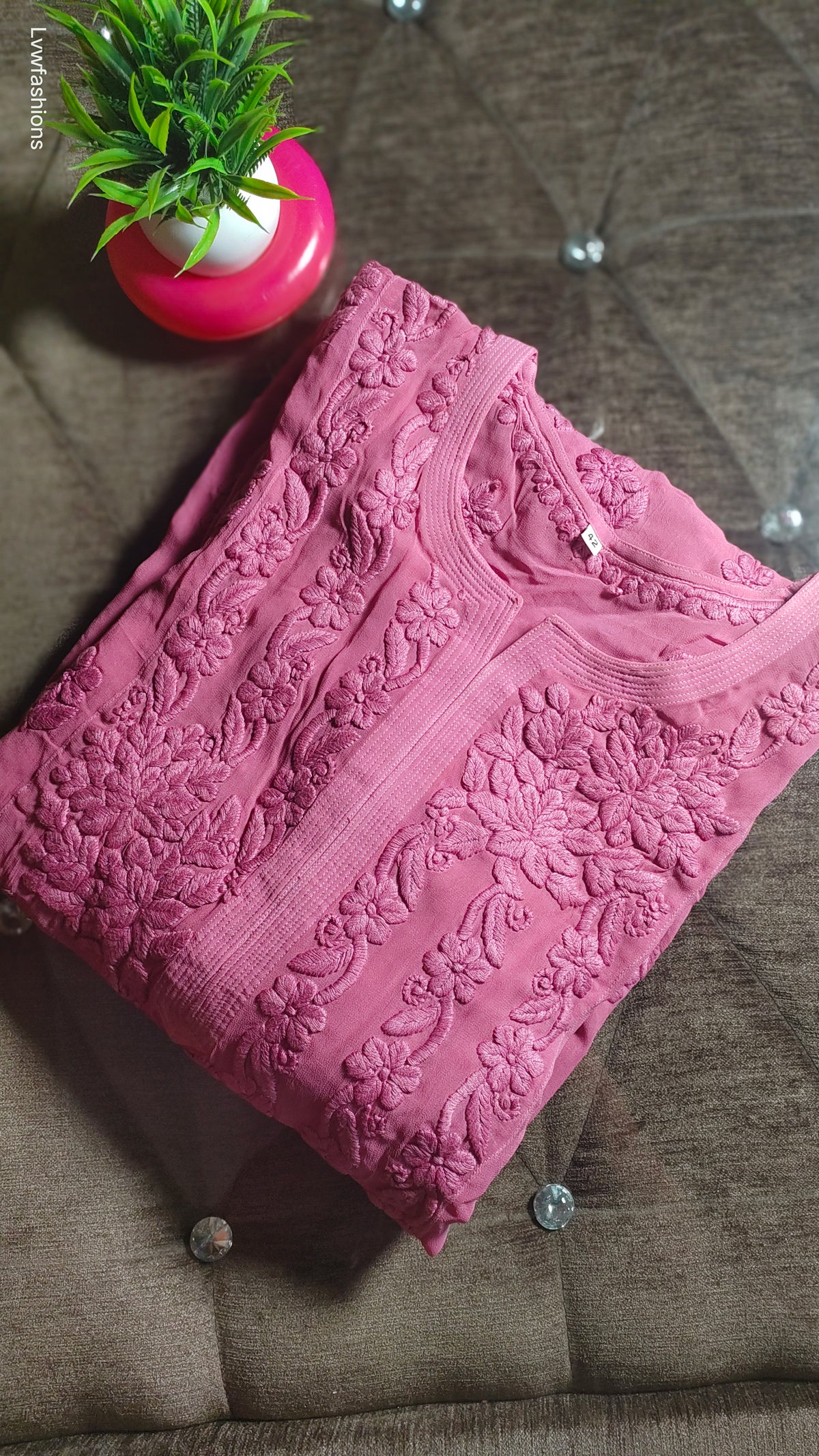 Handmade Five Roses premium georgette Chikankari kurta with intricate Lucknow embroidery by LVW Fashions, showcasing luxurious craftsmanship.