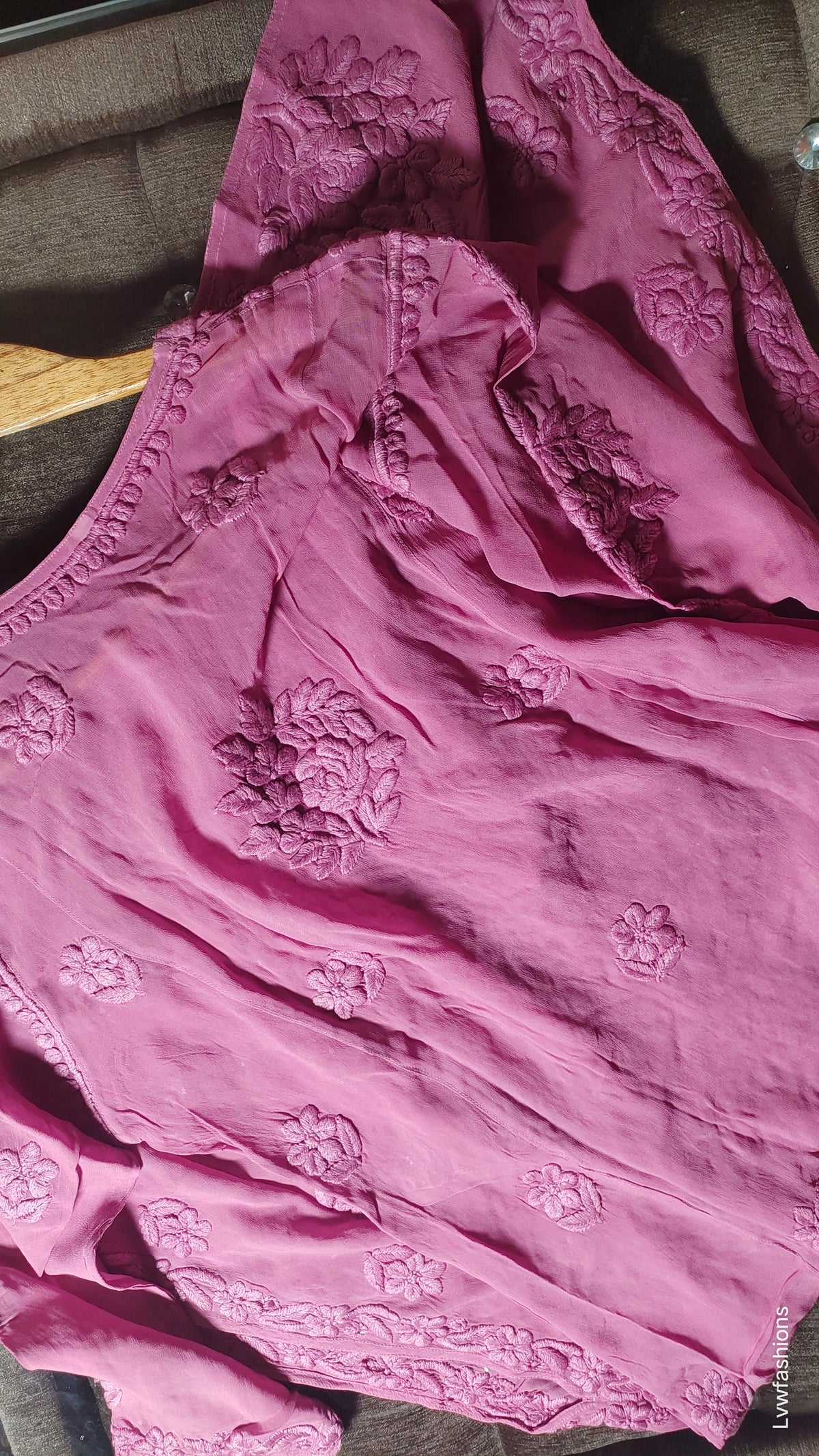 Five Roses premium georgette luxurious chikankari kurta by LVW Fashions, handmade Lucknow chikankari with intricate embroidery.