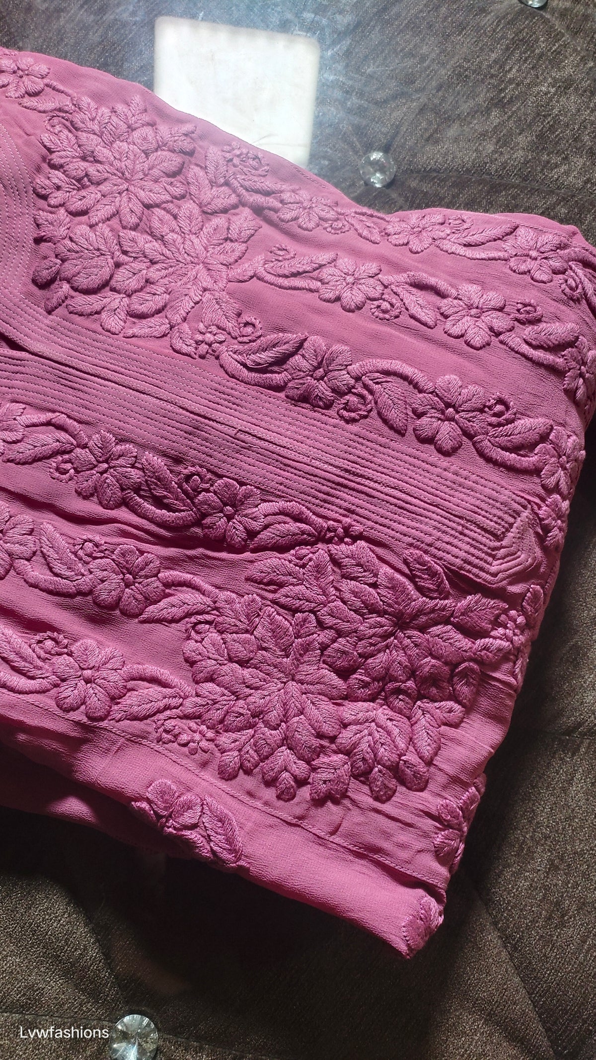 Luxury Five Roses premium georgette chikankari kurta by LVW Fashions, featuring intricate handmade Lucknow embroidery.