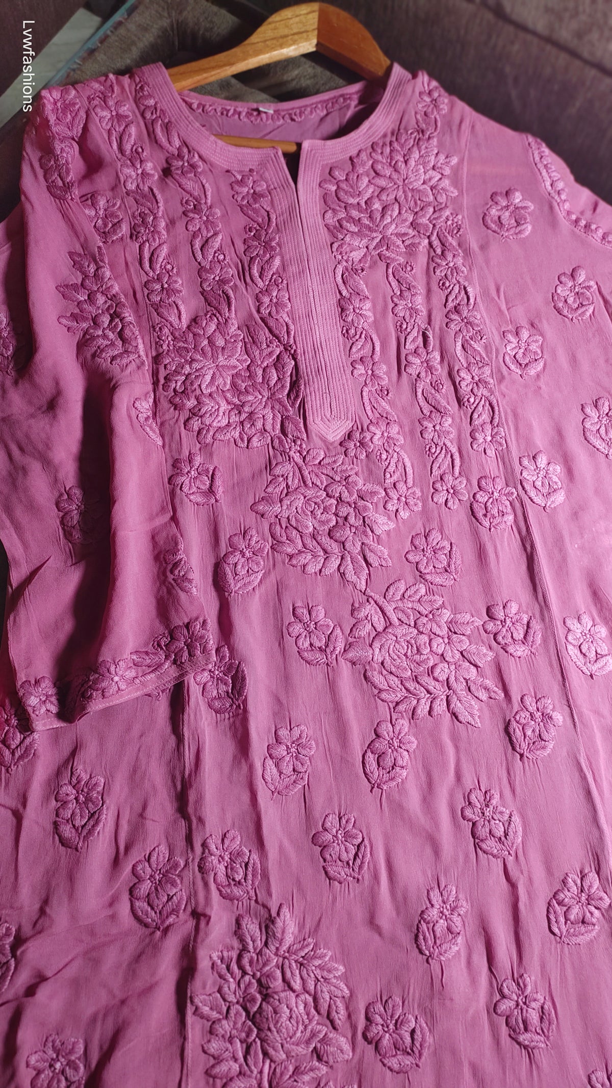 Luxurious Five Roses premium georgette chikankari kurta by LVW Fashions, handmade in Lucknow with intricate embroidery.