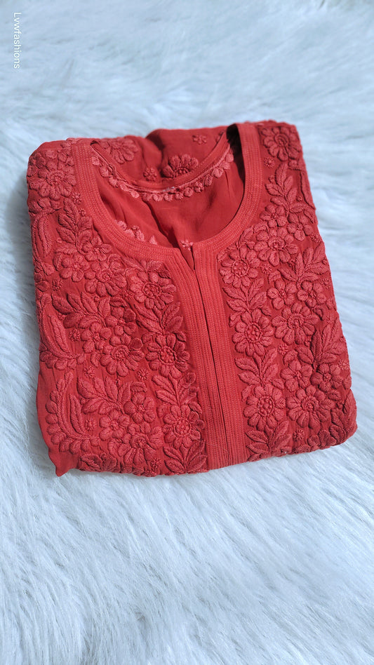 Luxurious Fiza Premium Georgette Chikankari Long Kurta by LVW Fashions, featuring intricate handmade embroidery and elegant design.