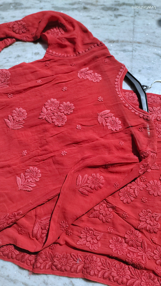 Luxurious Fiza Premium Georgette Chikankari long kurta with intricate embroidery, handcrafted by LVW Fashions from Lucknow.
