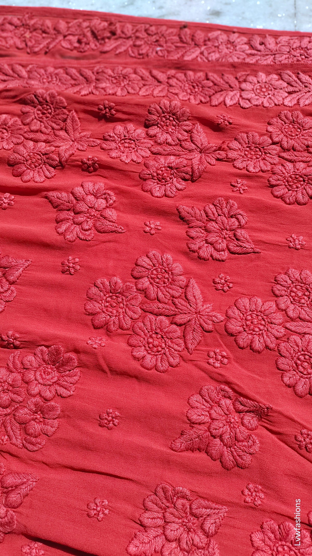 Fiza Premium Georgette Long Kurta with luxurious handmade Chikankari embroidery, crafted by LVW Fashions in Lucknow.