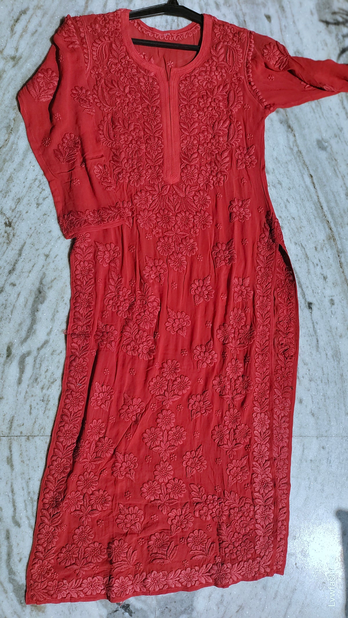 Fiza Premium Georgette Long Kurta with luxurious Lucknow Chikankari embroidery by LVW Fashions, showcasing intricate handmade craftsmanship.
