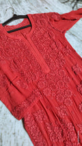 Fiza Premium Georgette Long Kurta with luxurious Chikankari embroidery by LVW Fashions, handmade Lucknow Chikankari design.