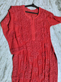 Fiza Premium Georgette Long Kurta with luxurious handcrafted Chikankari embroidery by LVW Fashions, showcasing intricate Lucknow craftsmanship.