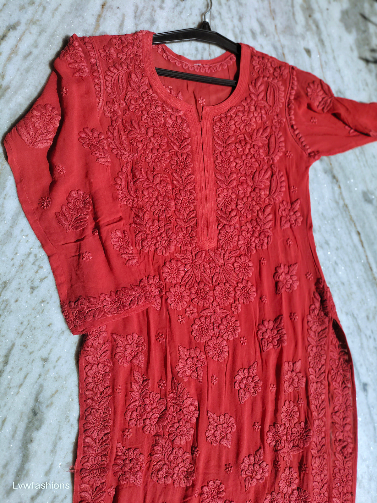 Fiza Premium Georgette Long Kurta with luxurious handcrafted Chikankari embroidery by LVW Fashions, showcasing intricate Lucknow craftsmanship.