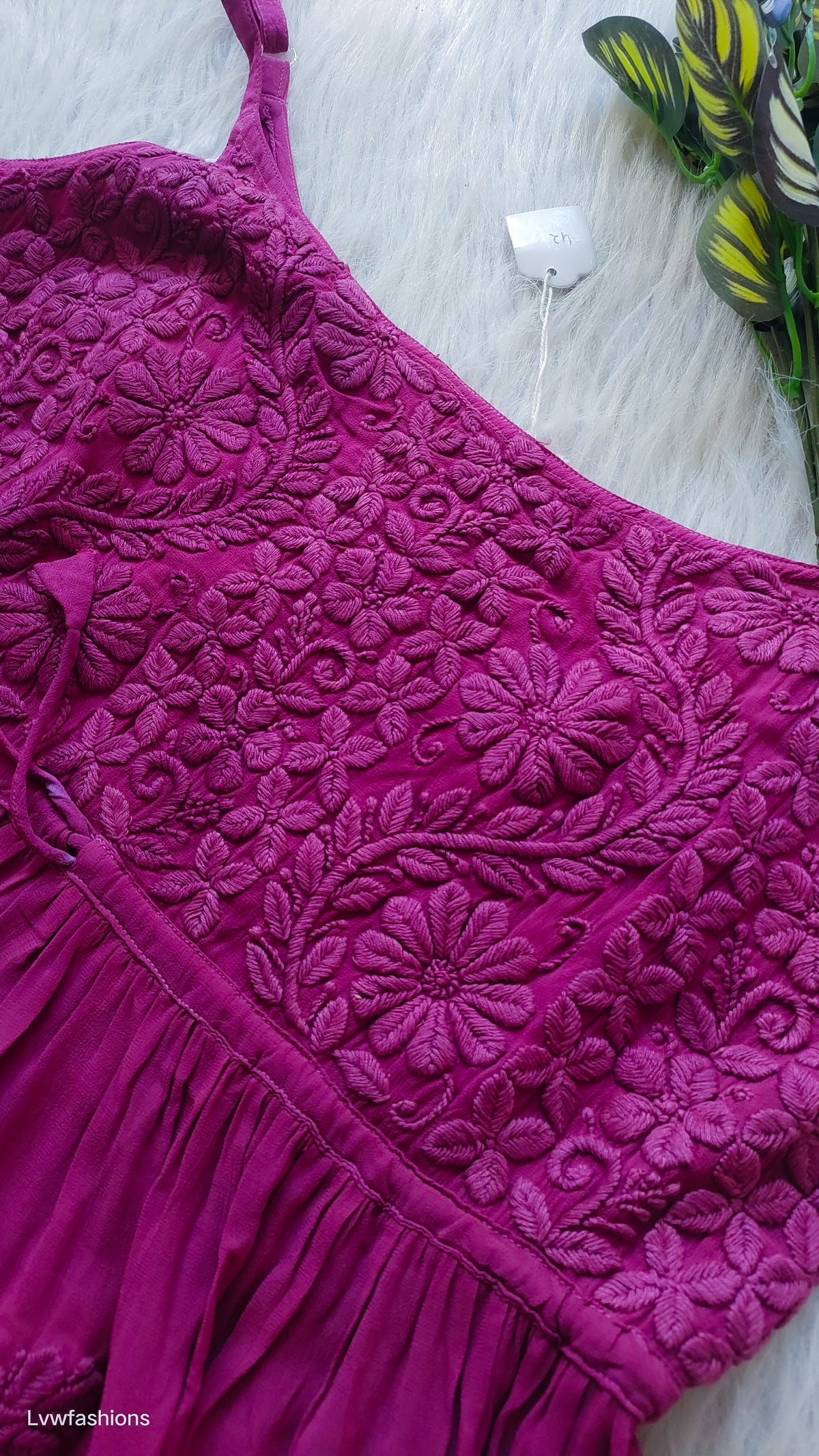 French Plum Tulip premium georgette tunic by LVW Fashions with pure Lucknow chikankari embroidery, handmade kurta in XXS size.