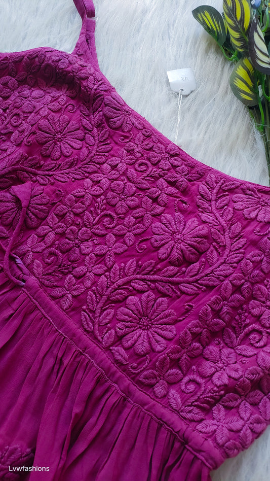 French Plum Tulip premium georgette tunic by LVW Fashions with pure Lucknow chikankari embroidery, handmade kurta in XXS size.