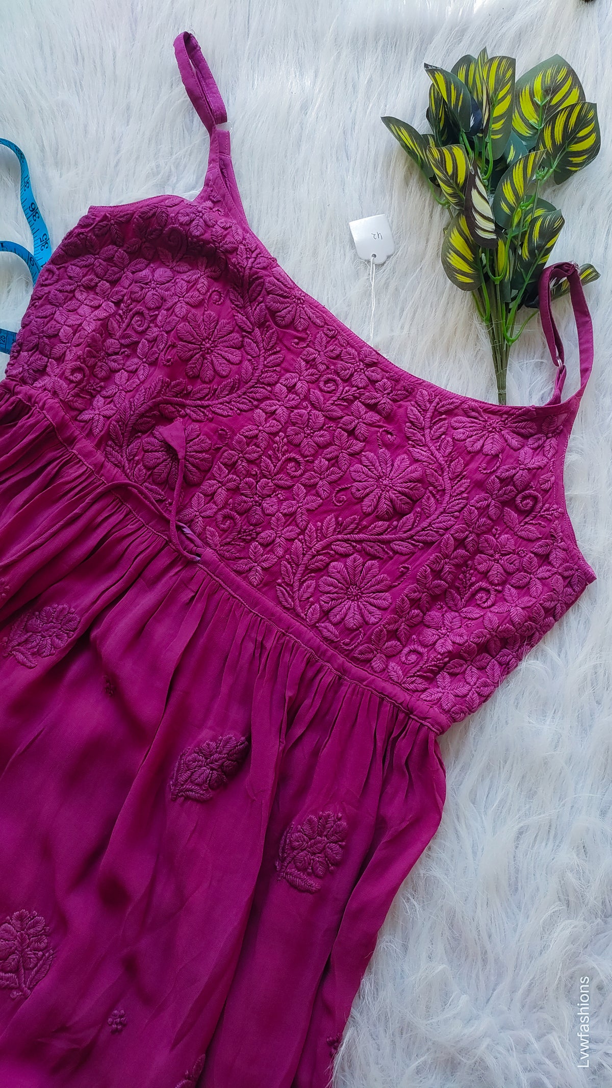 French Plum Tulip premium georgette tunic with intricate pure chikankari embroidery by LVW Fashions, handmade Lucknow Chikankari kurta.