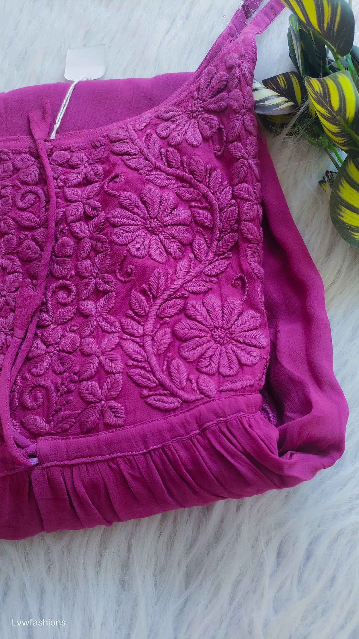 French PlumTulip premium georgette tunic by LVW Fashions with intricate pure Chikankari embroidery, handmade Lucknow kurta.