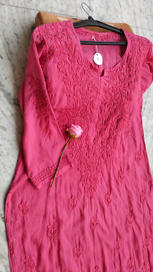 Luxurious French wine soft modal cotton Chikankari long kurti by LVW Fashions, handmade Lucknow Chikankari embroidery.