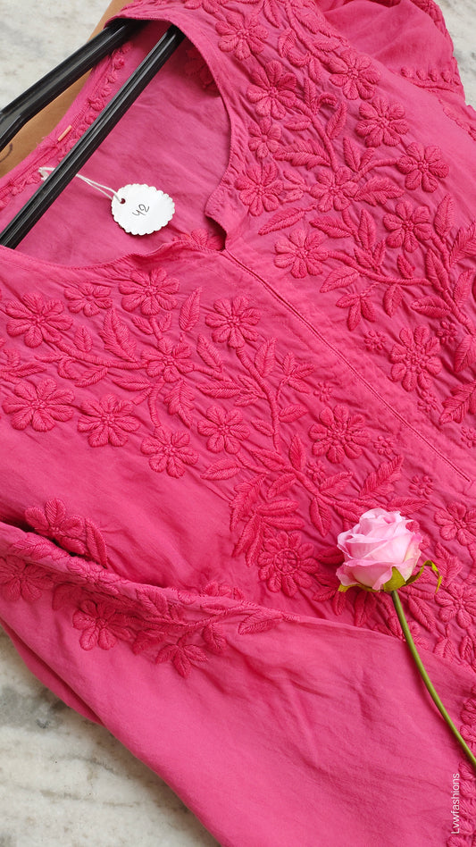 French wine-colored LVW Fashions long kurti with intricate Lucknow chikankari embroidery on soft modal cotton fabric.