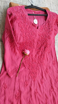 Premium soft modal cotton long Kurti with intricate French wine Chikankari embroidery by LVW Fashions, handmade Lucknow style.