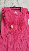French wine-colored LVW Fashions long kurti in soft modal cotton with intricate Lucknow chikankari embroidery.